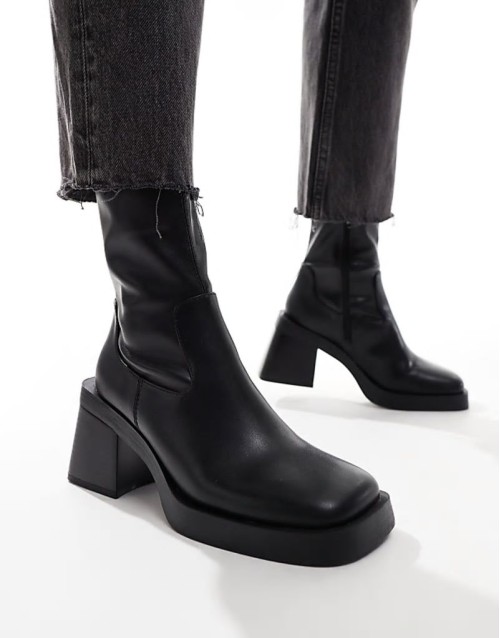Rome square toe mid-heel platform boots in black
