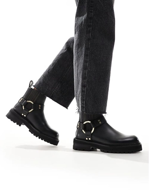 Maddie leather harness biker boots in black