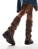 Captain multi-buckle biker knee boots in brown